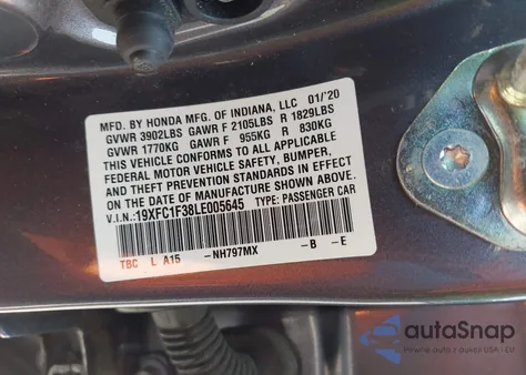 2020 Honda Civic Ex from USA, damaged, VIN 19XFC1F38LE005645